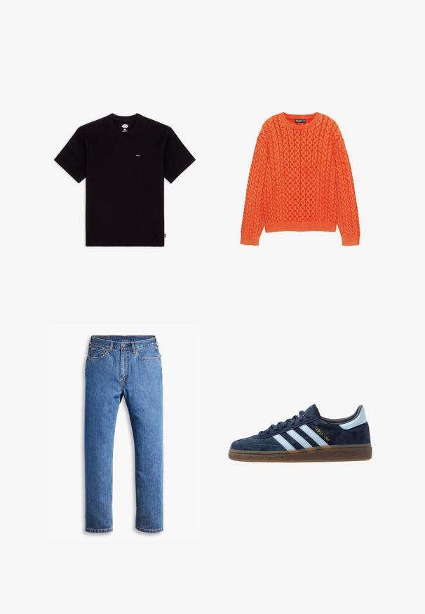 Maglione arancione lavorato a maglia con un motivo a treccia testurizzato, scollatura rotonda e polsini e orlo a coste. Realizzato in un morbido e caldo tessuto.; T-shirt nera in cotone con maniche corte, collo rotondo, dotata di un piccolo logo sul petto e un design semplice senza motivi o dettagli.; Jeans in denim blu con taglio dritto, dotati di cinque tasche, chiusura a bottone e cuciture arancioni su uno sfondo bianco pulito.; Sneaker Adidas in suede blu navy con strisce azzurre, suola in gomma, linguetta sul tallone azzurra e logo dorato "Spezial" sul lato.