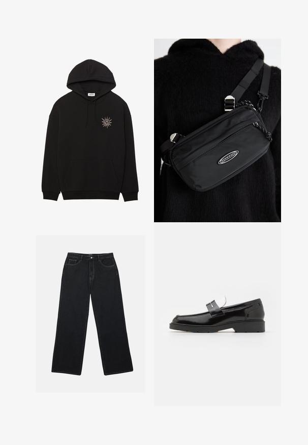 Black hooded sweatshirt made of cotton, featuring a front pocket, ribbed cuffs, and a sun design with a smiling face on the left chest.; Black short-sleeve t-shirt with a round neckline, made of smooth cotton fabric. The design is simple with no patterns or accents.; Black denim wide-leg pants feature a high waist, front pockets, and contrasting stitching. The fabric has a smooth, slightly textured finish.; Black patent leather loafers with a rounded toe, featuring a silver buckle accent and a textured black rubber sole.; Black nylon crossbody bag with adjustable strap, featuring a smooth texture, a front zipper pocket, and a logo accent.