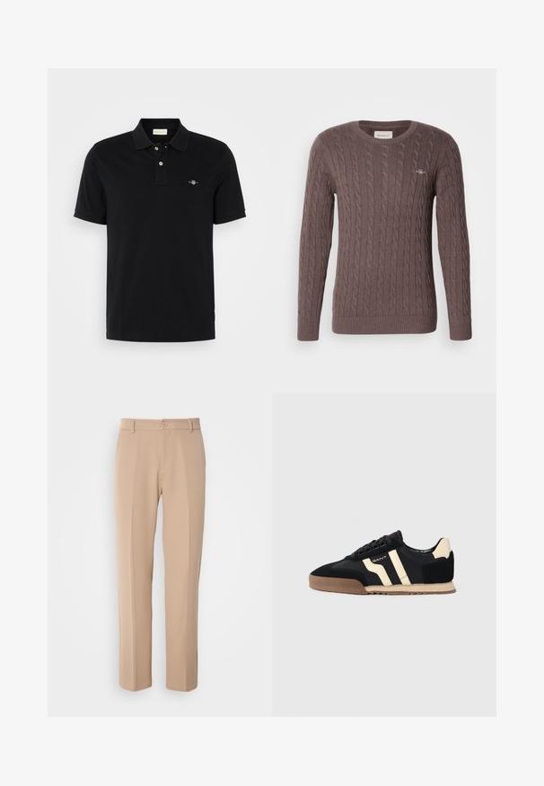 Smeđi čupavi pulover s okruglim izrezom, dugim rukavima i rebrastim manžetama i donjim rubom. Ima mali vezeni logo na prsima.; Crna polo majica od pamuka, s klasičnom ovratnikom, plaketom na dva gumba, kratkim rukavima i malim izvezenim logom na prsima.; Bež hlače izrađene od glatkog materijala, s ravnim krojem, prednjim zatvorenjem na dugme i suptilnim pregibima duž prednje strane.; Crne zamšaste tenisice s bež detaljima, koje imaju gumeni potplat, ravne vezice i stylish prugasti dizajn s strana.