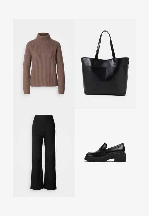 Mos Mosh THYRA HIGHNECK - Neule - braun; Mustat leveät housut, joissa on sileä pinta, korkea vyötärö ja siisti muotoilu. Ei näkyviä taskuja tai koristuksia.; Musta nahkakengät, joissa on paksut korot ja paksu pohja, sekä nauhaysitys päällä, esitetty sivuprofiilista valkoista taustaa vasten.; Musta nahkainen kassi, jossa on kaksi pitkää kahvaa, sileä pinta ja jämäkkä muoto. Sisältää etutaskun lisävarastointia varten.