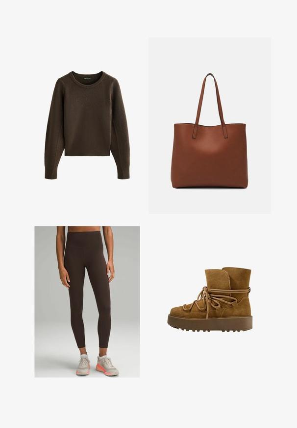 Pulover tricotat cu model în relief, de culoare maro, cu guler rotund și mâneci raglan. Prezintă o lungime scurtă și un material texturat. Fără închideri vizibile.; lululemon WUNDER TRAIN HIGH-RISE 64CM - Leggings - espresso; Botine din suede maro, cu o talpă platformă groasă și texturată și sistem de șiret. Prezintă un vârf pliat și accente decorative din sfoară.; Geantă de umăr din piele maro cu o textură netedă, design cu vârf deschis și două curele pentru umăr. Prezintă cusături minime și fără componente metalice vizibile.