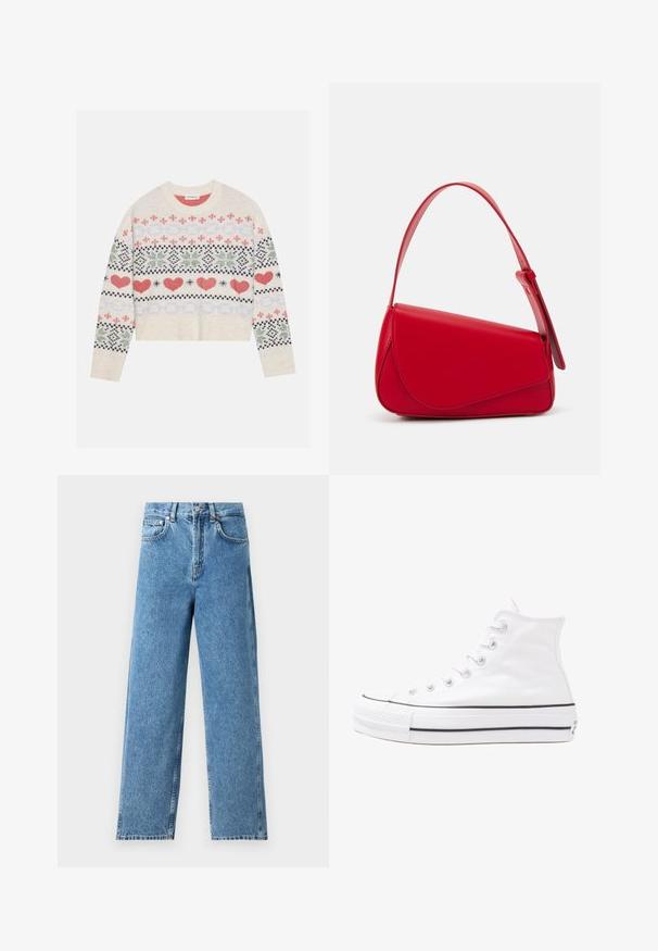 Suéter de malha creme com um design cropped, apresentando padrões multicoloridos de corações, flores e formas geométricas em vermelho, verde e azul-marinho.; Jenas de perna reta em azul claro, feitas de denim, com cintura alta, fecho à frente por botão e design de cinco bolsos com costura visível.; Sapatilha alta de tela branca com sola de borracha preta, bico de borracha na frente e seis ilhós para os atacadores, apresentando um design limpo e minimalista.; Bolsa de mão em couro vermelho com um design angular e geométrico. Apresenta uma única alça ajustável e um fecho com aba, com detalhes cosidos.