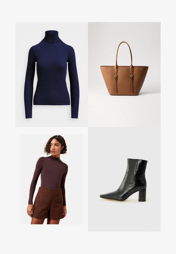 Sötétkék bordázott garbó pulóver hosszú ujjakkal, rugalmas anyagból készült, karcsú fazonnal és magas nyakkal. Nincsenek látható minták.; Vékony, hosszú ujjú barna body, amelyet texturált barna kötött rövidnadrággal párosítottak. A body magas nyakú, míg a rövidnadrág struktúrált kialakítással rendelkezik.; Fekete bokacsizma fényes bőrből, hegyes orral és tömör, négyzet alakú sarokkal. Simácska textúrával és minimalista dizájnnal rendelkezik.; Barna bőrtáska texturált felülettel, csepp alakú dizájnnal, két strapabíró fogantyúval és dekoratív aranyszínű hardware kiegészítőkkel.