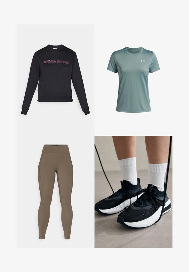 Čierna mikina s dlhými rukávmi, okrúhlym výstrihom a priliehavým pásom. Na hrudi je ružový nápis "BJÖRN BORG". Mäkká textúra látky.; Svetlozelené tričko s krátkym rukávom vyrobené z hladkej, priedušnej látky. Obsahuje okrúhly výstrih a malé biele logo na ľavej hrudi.; Vysoké hnedé legíny vyrobené z hladkej, elastickej tkaniny s vystuženými švami a priliehavým strihom, ideálne na aktívne nosenie.; Čierne športové topánky s textúrovanou tkaninou, bielou podrážkou a čiernymi šnúrkami. Nosené s bielymi rebrovanými ponožkami, postavené na svetlom povrchu.