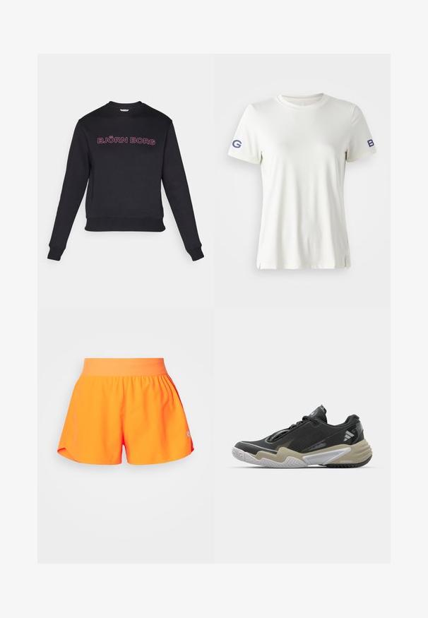 Sweatshirt preto com mangas longas, decote redondo e uma cintura ajustada. Apresenta texto rosa "BJÖRN BORG" no peito. Textura de tecido suave.; T-shirt branca de mangas curtas, com gola redonda, feita de tecido suave. Apresenta logótipos bordados em azul "G" e "B" nas mangas e nas fendas laterais.; Calções atléticos laranja brilhante com um cós elástico, apresentando um ajuste solto, aberturas laterais e um pequeno logótipo cinza no canto inferior.; Sapatilha desportiva preta e bege com parte superior texturizada, design de sola proeminente, acabamentos refletivos e sistema de atacadores. Construção leve.