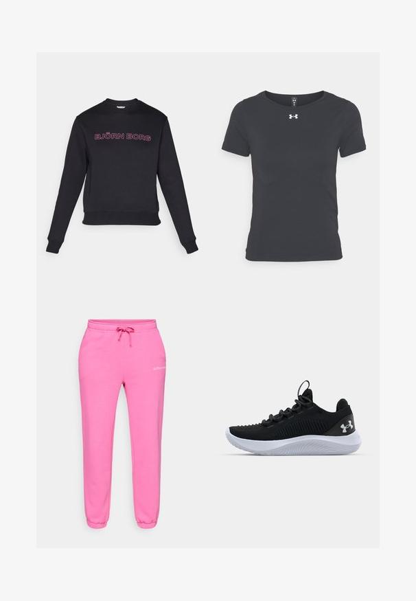 Črna kapuca z dolgimi rukavi, okroglo izrezano in prilegajočo se pasom. Na prsih je roza napis "BJÖRN BORG". Mehka tekstura blaga.; Črna kratkotrajna športna majica z odtisom iz lahkega materiala, z okroglo ovratnico in logotipom Under Armour na prsih.; Roza trenirke iz mehkega bombažnega materiala z vrvico za zategovanje v pasu, rebrastimi manšetami in majhnim logotipom natisnjenim na stegnu.; Črne športne copate z zračnim mrežastim zgornjim delom, strukturnimi detajli in belo gumijasto podplat. Imajo ravne vezalke in zanko na peti.