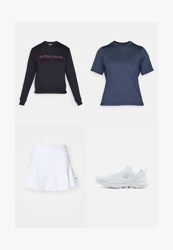 Sweatshirt preto com mangas longas, decote redondo e uma cintura ajustada. Apresenta texto rosa "BJÖRN BORG" no peito. Textura de tecido suave.; Camisola atlética de manga curta em azul marinho, feita de um tecido liso e leve. Apresenta um decote redondo e um discreto logótipo "BORG" na parte da frente.; Saia curta branca com uma silhueta ampla, feita de tecido suave. Apresenta uma cintura larga e um discreto detalhe do logótipo na parte inferior direita.; Shoe atlético branco com um cabedal em malha respirável, detalhes em azul claro e uma sola almofadada com um padrão de aderência texturizado.