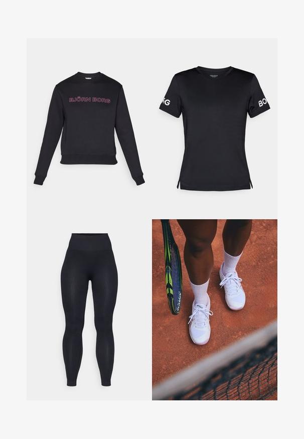 Sudadera negra con mangas largas, escote redondo y una cintura ajustada. Presenta el texto en rosa "BJÖRN BORG" en el pecho. Textura de tela suave.; Camiseta negra de manga corta hecha de tela suave. Presenta un cuello redondo y el logo "BORG" en blanco en la manga derecha.; Leggings de rayas negras con una cintura alta, elaborados con un material elástico. Presentan una textura suave con patrones verticales en toda su superficie.; Zapatillas de tenis blancas con paneles de malla y acentos rosas, combinadas con calcetines blancos, situadas en una cancha de arcilla con una raqueta de tenis cercana.