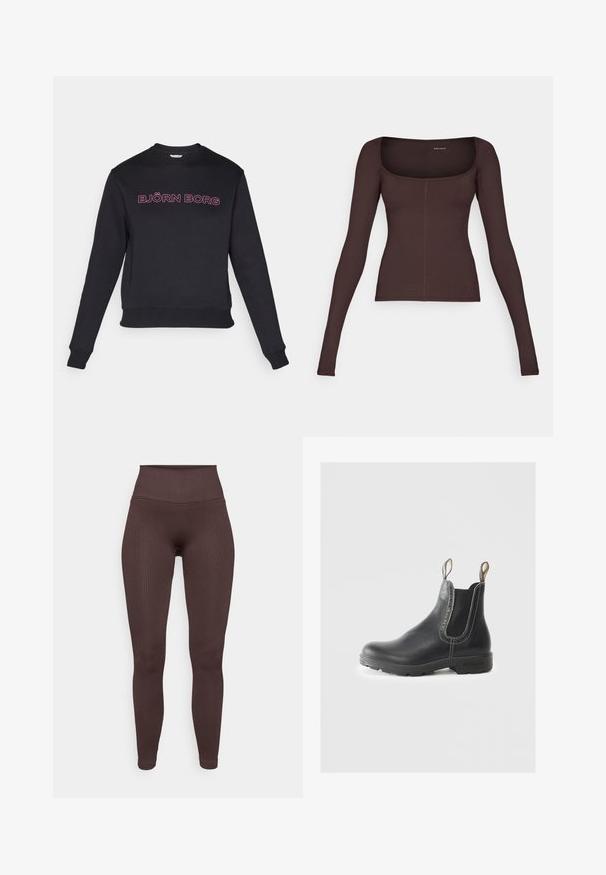 Melna sporta krekla ar garām piedurknēm, apaļu kakla izgriezumu un pieguļošu jostu. Uz krūtīm atrodams rozā teksts "BJÖRN BORG". Mīksta auduma tekstūra.; Brūns garo piedurknu tops ar kvadrātveida dekoltē, izgatavots no ribota auduma. Ieturēts pieguļošs siluets un smalki izšuvumi.; Brūnas ribotas legingi ar augstu jostasvietu, izgatavoti no elastīgas auduma, ar gludu tekstūru un pieguļošu dizainu.; Melnas ādas Čelsijas zābaki ar elastīgām sānu malām, teksturētu apdari, vilkšanas cilpām un izturīgu gumijas zoli. Iezīmē kontrastējošu šuvju detalizāciju.