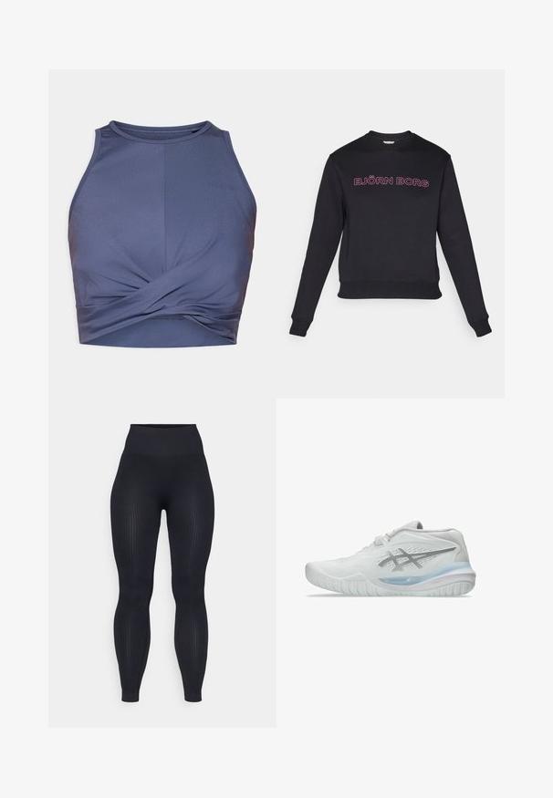 Melna sporta krekla ar garām piedurknēm, apaļu kakla izgriezumu un pieguļošu jostu. Uz krūtīm atrodams rozā teksts "BJÖRN BORG". Mīksta auduma tekstūra.; Tumšblue auduma crop top ar pagrieziena dizainu priekšā, ar augstu apkakli un bez piedurknēm. Gluda tekstūra.; Melnas ribotas legingi ar augstu jostas vietu, izgatavoti no elastīga materiāla. Iezīmes gluda tekstūra ar vertikālām rakstām.; Baltas sporta apavi ar teksturētu virsu, ar caurspīdīgu zilu zoli un diskretu pelēku zīmolu uz sāniem. Apaļš purngals un zems profils.