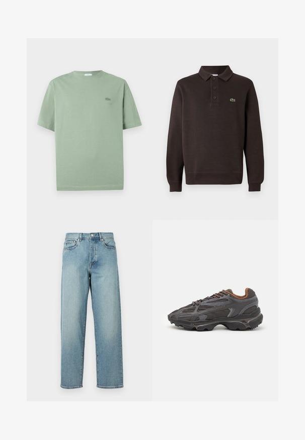 Polo de culoare maro, cu mânecă lungă, realizat dintr-un material texturat, având un închidere cu trei butoane și un mic logo Lacoste pe piept.; Tricou scurt cu mânecă, de culoare verde deschis, din bumbac, cu un mic logo brodat pe piept și guler rotund.; Blugi din denim de un albastru deschis, cu o croială lejeră, picioare drepti, design cu cinci buzunare și închidere cu nasture la talie. Detaliu de cusătură minimalist.; Adidași Lacoste de culoare gri închis, din material mesh și sintetic, cu o talpă texturată și accente maronii pe guler și branding.