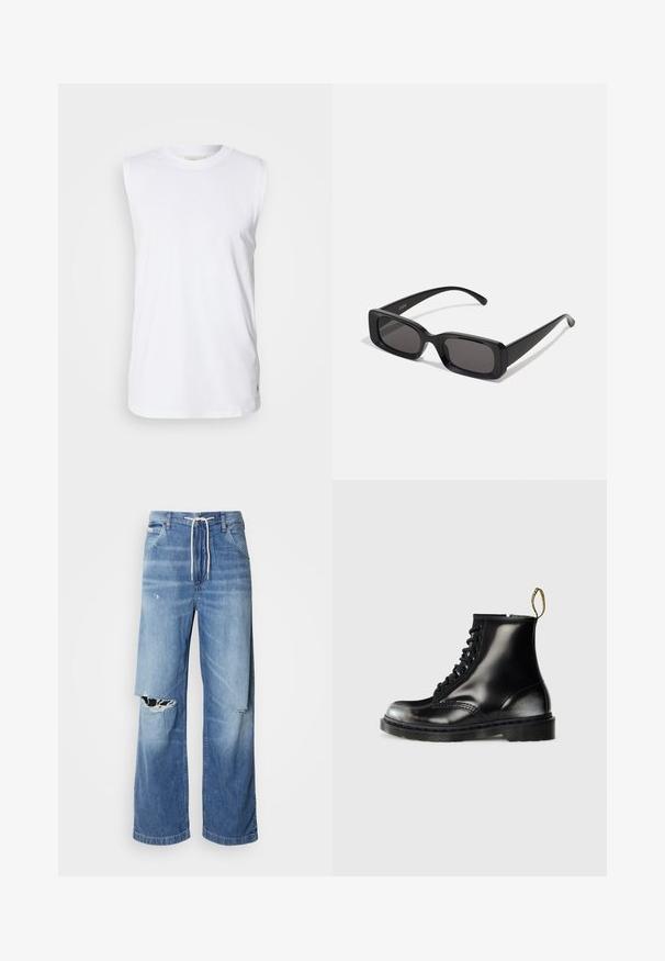 Long-sleeve polo shirt featuring black and dark green horizontal stripes, a white collar, and a logo patch on the lower left side.; White, sleeveless cotton tank top with a round neckline and a subtle woven label on the hem. Smooth texture, loose fit, and simple design.; Light blue denim jeans with a loose fit, featuring a white drawstring waist, and distinct rips on the front, showing frayed edges.; Black leather ankle boots with a shiny finish, eight eyelets, black laces, and a pull tab. Features a textured treaded sole.; Black rectangular sunglasses with dark lenses, glossy finish, wide arms, and a chunky frame design. Engraved brand name on one arm.