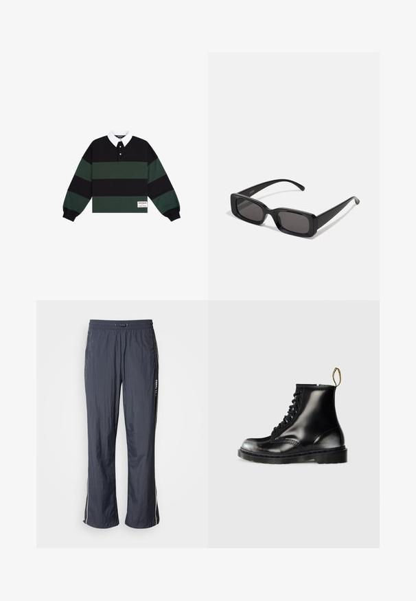 Polo shirt met lange mouwen met zwarte en donkergroene horizontale strepen, een witte kraag en een logo patch op de onderkant van de linkerkant.; Marineblauwe lichte trainingsbroek met een elastische tailleband, zijzakken en witte accentstrepen aan de zijkanten. Glad textuur.; Zwarte leren enkellaarzen met een glanzende afwerking, acht veterogen, zwarte veters en een trekloop. Voorzien van een getextureerde, gedetailleerde zool.; Zwarte rechthoekige zonnebril met donkere lenzen, glanzende afwerking, brede pootjes en een robuust frameontwerp. Gegraveerde merknaam op één van de pootjes.
