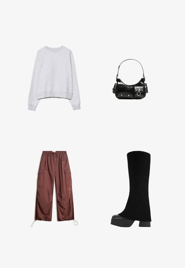 Felpa grigia cropped in tessuto morbido e texture. Presenta maniche lunghe raglan e polsini e orlo a coste. Design semplice e neutro.; Pantaloni cargo marroni a gamba larga con vita elastica, cinturino regolabile, ampie tasche laterali e cordini per le caviglie regolabili.; Stivale nero al ginocchio realizzato in tessuto a coste, con suola piatta chunky e tacco a blocco, caratterizzato da una texture liscia e da un design elegante e moderno.; Borsa a spalla in vernice nera con forma curvata, una tracolla, tasche frontali e dettagli in metallo argentato.
