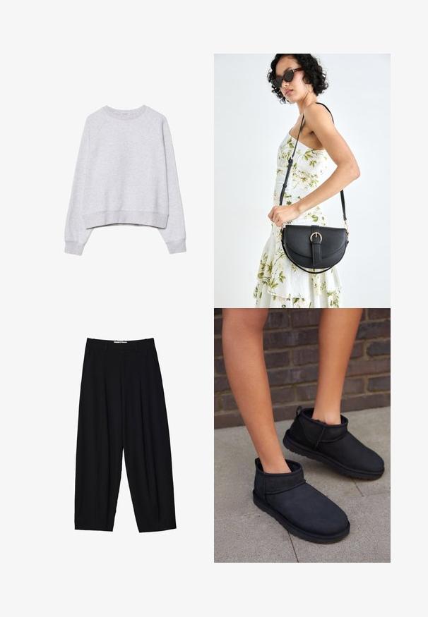 Siva skraćena dukserica od mekane, teksturirane tkanine. Ima duge raglan rukave i rebraste manžete i donji rub. Jednostavan, neutralan dizajn.; Crne široke hlače od laganog materijala, s prednjim plitkim nabora, klasičnim pojasom i bočnim džepovima. Glatka tekstura.; Crne gležnjače od antilopa s mekanim unutarnjim oblogom. Imaju okrugli vrh i ravni, teksturirani potplat.; Crna kožna torba s lukovitim oblikom, odvojivim remenom i zlatnim detaljima. Torba ima preklop s kopčom.