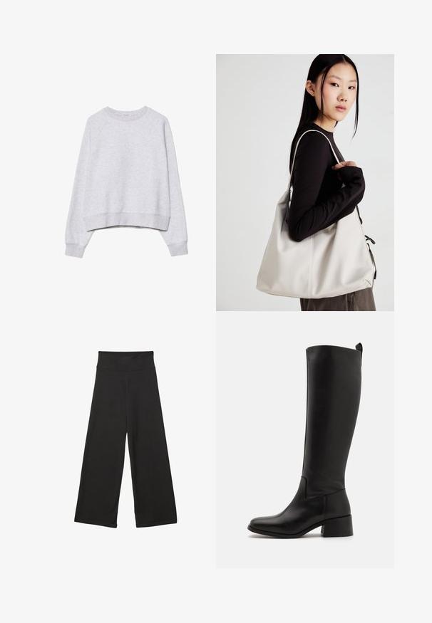 Harmaa lyhyt hiha sweatshirt pehmeästä, teksturoidusta kankaasta. Ominaisuuksia pitkä raglanhihainen malli, sekä resorikuvioiset hihansuut ja helma. Yksinkertainen, neutraali muotoilu.; Mustat leveälahkeiset housut, joissa on korkea joustava vyötärö, pehmeä kangas ja väljät mitat, sopivat arkiseen käyttöön tai rentoihin tiloihin.; Musta polven korkeudelle ulottuva saapas, joka on valmistettu sileästä nahasta, jossa on loivasti pyöristetty kärki ja tukeva korko, sekä tyylikäs ja yksinkertainen muotoilu.; Beige laukku, joka on valmistettu pehmeästä materiaalista, ja siinä on rento muotoilu, ommeltu yksityiskohtia ja kaksi olkahihnaa. Sopii päivittäiseen käyttöön.