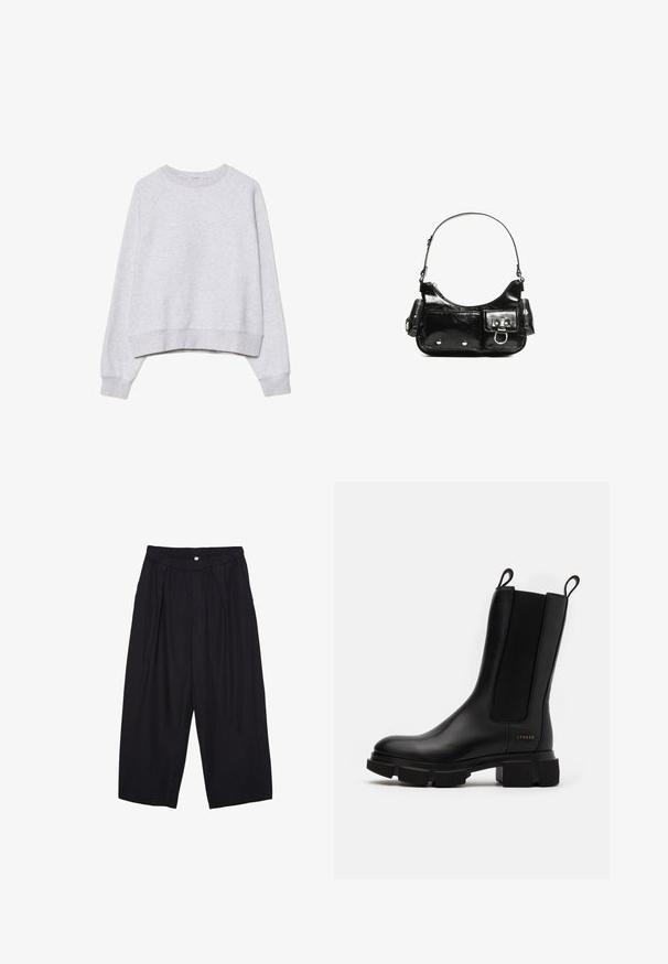 Felpa grigia cropped in tessuto morbido e texture. Presenta maniche lunghe raglan e polsini e orlo a coste. Design semplice e neutro.; Pantaloni culotte neri in poliestere con una cintura elastica, due pieghe frontali e una silhouette ampia. Nessun motivo visibile o dettagli in metallo.; Stivaletto in pelle nera con pannelli elastici laterali, suola in gomma spessa e linguette per il sollevamento. Presenta un branding sottile stampato sul lato.; Borsa a spalla in vernice nera con forma curvata, una tracolla, tasche frontali e dettagli in metallo argentato.