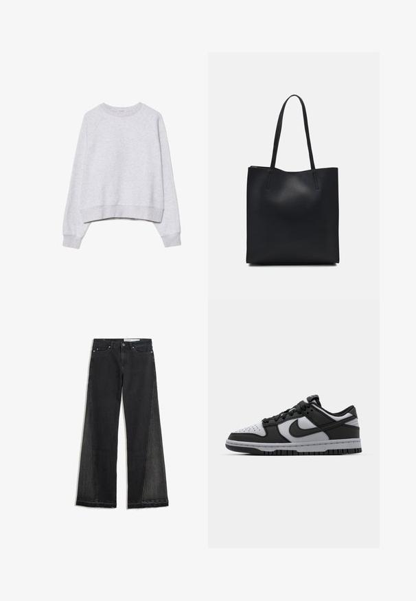 Siva skraćena dukserica od mekane, teksturirane tkanine. Ima duge raglan rukave i rebraste manžete i donji rub. Jednostavan, neutralan dizajn.; Široke traperice u crnom denimu s izfrizanim rubom. Imaju kontrastne bočne panele i standardni dizajn s pet džepova. Zatvaranje na gumbe i patentni zatvarač.; Crne i sive Nike Dunk niske tenisice s perforiranim prstom, glatkim kožnim detaljima i gumenim potplatom s teksturiranim uzorkom.; Crna kožna torba za nošenje s glatkom teksturom, pravokutnim oblikom i dvije duge ručke. Nema vidljivih metalnih dijelova ili ukrasa.