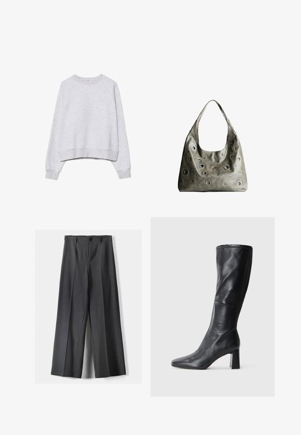 Siva skrajšana trenerka iz mehkega, teksturiranega blaga. Ima dolge raglan rokave ter rebraste manšete in rob. Preprost, nevtralen dizajn.; Hlače širokega kroja v temno sivi tkanini, z gumbnim zapenjanjem, sprednjimi naborki in zankami za pas. Gladka tekstura s prilagojenim dizajnom.; Črne usnjene škornje do kolen s koničastim nosom in debelim peto. Gladka tekstura z elegantnim dizajnom in subtilnimi šivnimi detajli.; Olivnozeleni usnjeni ročni torbici z ohlapno obliko, ki ima različne velikosti okroglih izrezov in poudarke v temnejših in svetlejših odtenkih.