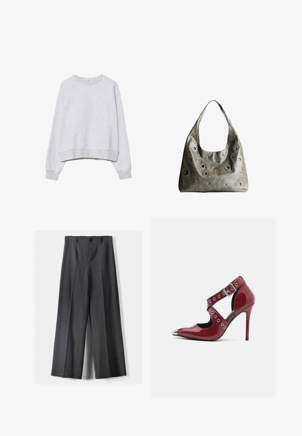 Grå kortärmad sweatshirt i mjukt, strukturerat tyg. Har långa raglanärmar samt ribbade manschetter och fåll. Enkelt, neutralt design.; Breda byxor i mörkgrått tyg, med knäppning, framvikt och bältesöglor. Slät textur med skräddarsydd design.; Röd lackläder högklackad sko med urtagna mönster, silvriga cirkulära öglor och spetsig tå, med en metallisk accent på tån.; Olivgrön läderhandväska med en avslappnad design, som har cirkulära utskärningar i olika storlekar och accenter i mörkare och ljusare nyanser.