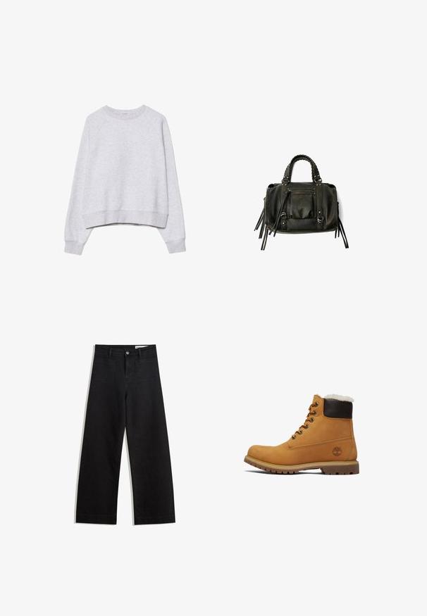 Siva skrajšana trenerka iz mehkega, teksturiranega blaga. Ima dolge raglan rokave ter rebraste manšete in rob. Preprost, nevtralen dizajn.; Črne široke denim hlače z visokim pasom, ki imajo sprednje in zadnje žepe, šivane šive ter gumbasto zapiranje. Gladka tekstura.; Tan usnjeni gležnjer z rjavim oblazinjenim ovratnikom, kovinskimi očesi in teksturirano, trpežno podplatom. Ima logotip blizu pete.; Črna usnjena torba s pletenimi ročaji, žepom na zadrgo in visečimi resicami. Teksturična površina z kovinskimi okrasnimi studenčki in dodatki iz kovine.