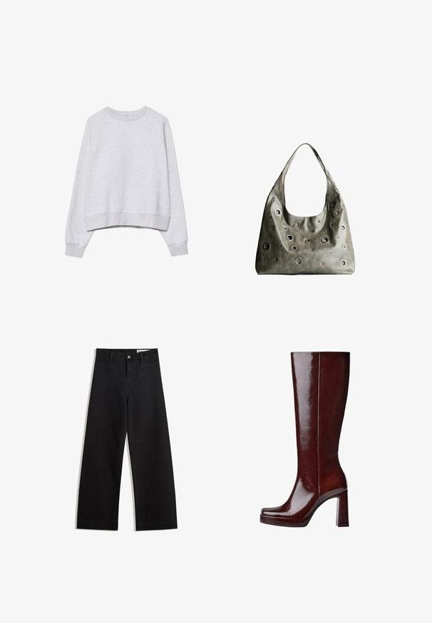 Harmaa lyhyt hiha sweatshirt pehmeästä, teksturoidusta kankaasta. Ominaisuuksia pitkä raglanhihainen malli, sekä resorikuvioiset hihansuut ja helma. Yksinkertainen, neutraali muotoilu.; Mustat leveät farkut korkealla vyötäröllä, joissa on etu- ja takataskut, ommellut saumat ja nappisuljenta. Silkinoinen rakenne.; Polvisteiset, kiiltävät burgundinpunaiset nahkasaappaat, joissa on neliön muotoinen kärki, kohotettu alusta ja paksu lohko korko. Sileä pinta ja vähäiset yksityiskohdat.; Oliivinvihreä nahkalaukku, jossa on rento muotoilu, ja jossa on erilaisia kokoisia pyöreitä läpivientejä sekä tummempia ja vaaleampia yksityiskohtia.