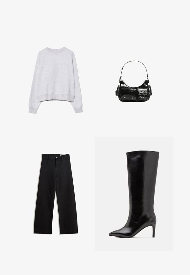 Grauer, kurzer Sweatshirt aus weichem, strukturiertem Stoff. Mit langen Raglanärmeln sowie gerippten Bündchen und Saum. Schlichtes, neutrales Design.; Schwarze weit geschnittene Jeans mit hoher Taille, ausgestattet mit Vorder- und Hintertaschen, gesteppten Nähten und einem Knopfverschluss. Glatte Textur.; Call it Spring RHODDE - High Heel Stiefel - black; Schwarze Lackleder-Handtasche mit geschwungenem Design, einem Schulterriemen, Vordertaschen und silberfarbenen Hardware-Akzenten.