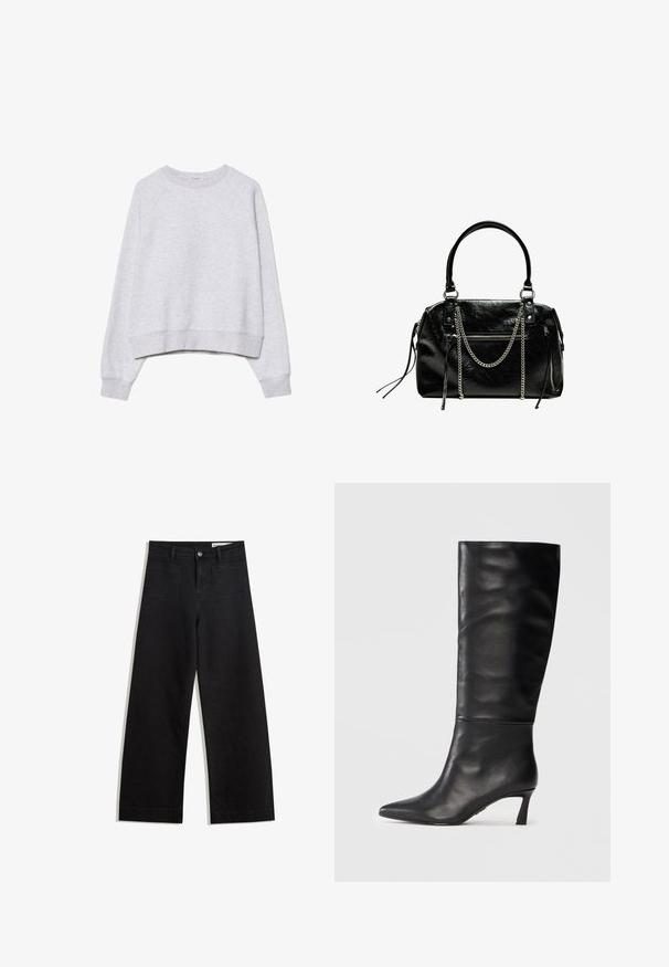 Sivý cropped sweatshirt z jemného, textúrovaného materiálu. Má dlhé raglánové rukávy a rebrované manžety a spodný lem. Jednoduchý, neutrálny dizajn.; Čierne denimové nohavice s širokými nohavicami a vysokým pásom, so prednými a zadnými vreckami, šitými švami a zapínaním na gombík. Hladká textúra.; Čierne kožené vysoké čižmy po kolená s špicatou špičkou a úzkym podpätkom. Hladká textúra s bezšvíkovým dizajnom a lešteným povrchom.; Bershka WITH CHAIN - Kabelka - black