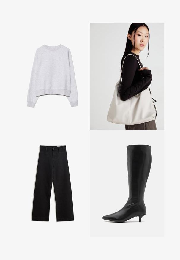 Harmaa lyhyt hiha sweatshirt pehmeästä, teksturoidusta kankaasta. Ominaisuuksia pitkä raglanhihainen malli, sekä resorikuvioiset hihansuut ja helma. Yksinkertainen, neutraali muotoilu.; Mustat leveät farkut korkealla vyötäröllä, joissa on etu- ja takataskut, ommellut saumat ja nappisuljenta. Silkinoinen rakenne.; RAID ALPINE - Saappaat - black; Beige laukku, joka on valmistettu pehmeästä materiaalista, ja siinä on rento muotoilu, ommeltu yksityiskohtia ja kaksi olkahihnaa. Sopii päivittäiseen käyttöön.