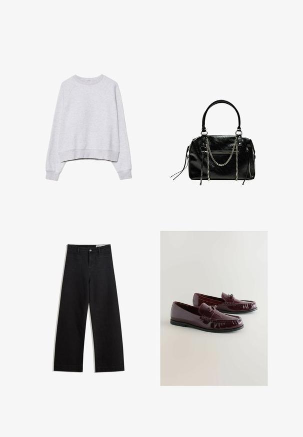 Szare, skrócone bluza w miękkiej, teksturowanej tkaninie. Posiada długie rękawy raglanowe oraz prążkowane mankiety i dół. Prosty, neutralny design.; Czarne dżinsowe spodnie o szerokich nogawkach i wysokim stanie, z przednimi i tylnymi kieszeniami, przeszyciami oraz zapięciem na guziki. Gładka struktura.; Burgundowe lakierowane mokasyny z zaokrąglonym noskiem, ozdobnym paskiem i subtelnym wykończeniem szwów. Czarna gumowa podeszwa.; Bershka - Torebka