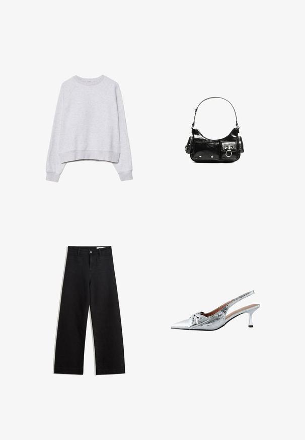 Grå cropped sweatshirt i blødt, struktureret stof. Har lange raglanærmer samt ribstrikkede manchetter og kant. Enkel, neutral design.; Sorte wide-leg denim bukser med høj talje, der har front- og baglommer, syede sømme og en knaplukning. Glat tekstur.; Sølv slingback hæle med spidse tæer, tekstureret metallisk finish og en dekorativ sløjfe. Har en slank kitten hæl.; Sort patenteret læder håndtaske med en buet form, en skulderrem, frontlommer og hardware accenter i sølvfarve.