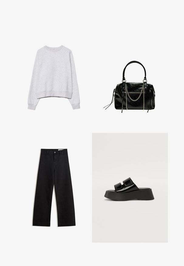Szare, skrócone bluza w miękkiej, teksturowanej tkaninie. Posiada długie rękawy raglanowe oraz prążkowane mankiety i dół. Prosty, neutralny design.; Czarne dżinsowe spodnie o szerokich nogawkach i wysokim stanie, z przednimi i tylnymi kieszeniami, przeszyciami oraz zapięciem na guziki. Gładka struktura.; Czarne lakierowane platformy na sandałach z dwiema regulowanymi ramiączkami. Posiadają grubą czarną podeszwę o kształcie klina i gładkiej strukturze.; Bershka - Torebka