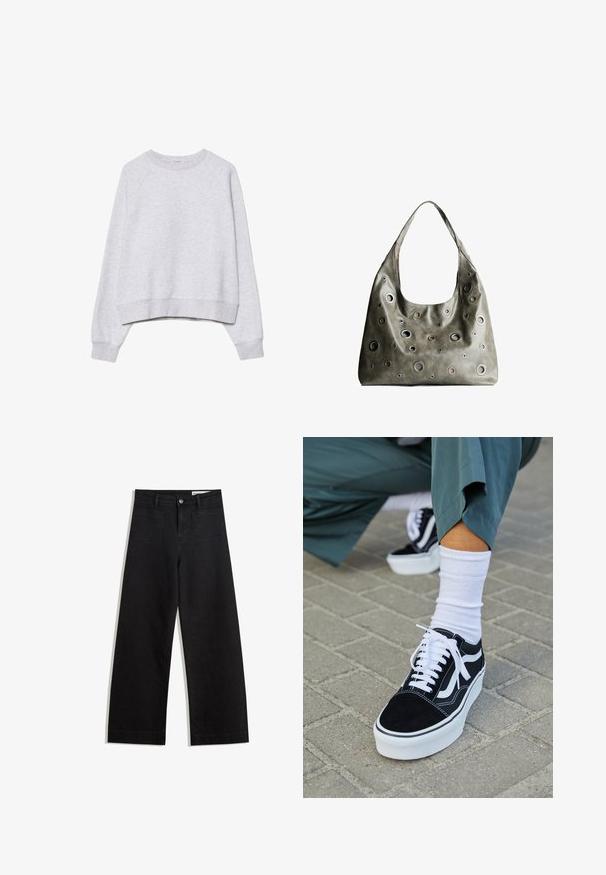 Grå kortärmad sweatshirt i mjukt, strukturerat tyg. Har långa raglanärmar samt ribbade manschetter och fåll. Enkelt, neutralt design.; Svarta vida denimbyxor med hög midja, med fram- och bakfickor, sydda sömmar och knappstängning. Slät textur.; Svarta mockaskor med vita accenter och snören, som har en tjock vit sula och kontrasterande sömmar, ihop med en vit strumpa.; Olivgrön läderhandväska med en avslappnad design, som har cirkulära utskärningar i olika storlekar och accenter i mörkare och ljusare nyanser.