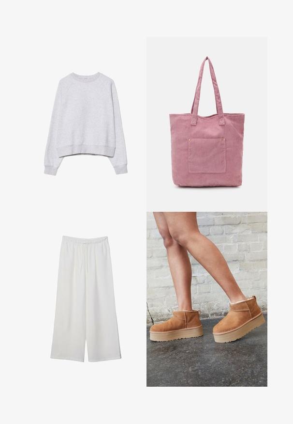 Sivý cropped sweatshirt z jemného, textúrovaného materiálu. Má dlhé raglánové rukávy a rebrované manžety a spodný lem. Jednoduchý, neutrálny dizajn.; Biele široké nohavice z ľahkého materiálu s elastickým pásom a šnúrkou na nastavenie veľkosti. Hladká textúra.; Hnedé semišové kotníkové čižmy s mäkkou podšívkou, hrubou béžovou platformou a zadným pútkom na obutie. Textúrovaný povrch s viditeľnými švami.; Ružová kordurová taška s dvoma dlhými uchami, obsahujúca predné vrecko a jemnú ryhovanú textúru. Hladký interiér.