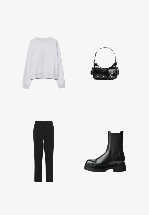 Sivý cropped sweatshirt z jemného, textúrovaného materiálu. Má dlhé raglánové rukávy a rebrované manžety a spodný lem. Jednoduchý, neutrálny dizajn.; Čierne nohavice s priamym strihom, ktoré majú hladkú textúru, priliehavý pás a žiadne viditeľné ozdoby alebo vzory.; Čierna kožená členková čižma s elastickým bočným panelom, okrúhlou špičkou, robustnou platformovou podrážkou a štruktúrovaným zvrškom pre lepšiu priľnavosť.; Čierna laková kožená kabelka s ohnutým tvarom, jedným ramenným popruhom, prednými vreckami a striebornými kovovými doplnkami.
