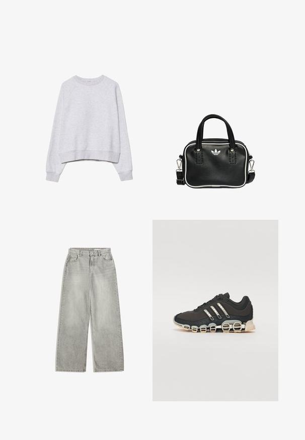 Harmaa lyhyt hiha sweatshirt pehmeästä, teksturoidusta kankaasta. Ominaisuuksia pitkä raglanhihainen malli, sekä resorikuvioiset hihansuut ja helma. Yksinkertainen, neutraali muotoilu.; Vaaleanharmaat leveälahkeiset farkut, joissa on korkea vyötärö, viisi taskua, vetoketju ja hillitty kulutusjälki. Valmistettu sileästä denimgardistosta.; Musta urheilujalkine, jossa on teksturoitu päällinen, kolme hopeista raitaa ja erottuva vaimennustuli, jonka rakenne koostuu useista integroituista osista.; Musta nahkainen käsilaukku, jossa on kaksi lyhyttä kahvaa, hopeiset yksityiskohdat, valkoiset tehosteet ja valkoinen logo. Sisältää teksturoidun pinnan ja kompaktin muotoilun.