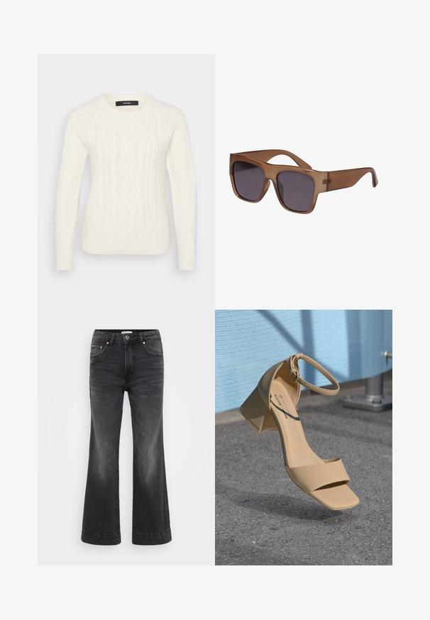 Weißer Strickpullover mit strukturiertem Zopfmuster, Rundhalsausschnitt sowie ribbed Bündchen und Saum. Hergestellt aus einem weichen, warmen Material.; Schwarze weite Jeans mit hoher Taille, aus Denim gefertigt. Besitzt vordere Taschen, Kupferriegel und sichtbare Nähte entlang der Säume.; Beige Sandale mit Blockabsatz und quadrater Zehenform, minimalistischen Riemen und einem Knöchelverschluss. Glattes, mattes Material auf einer grauen Oberfläche.; Braune, halbtransparente Sonnenbrille mit quadratischem Rahmen und dunklen Gläsern. Die Bügel sind schlank und leicht gebogen für einen modernen Look.