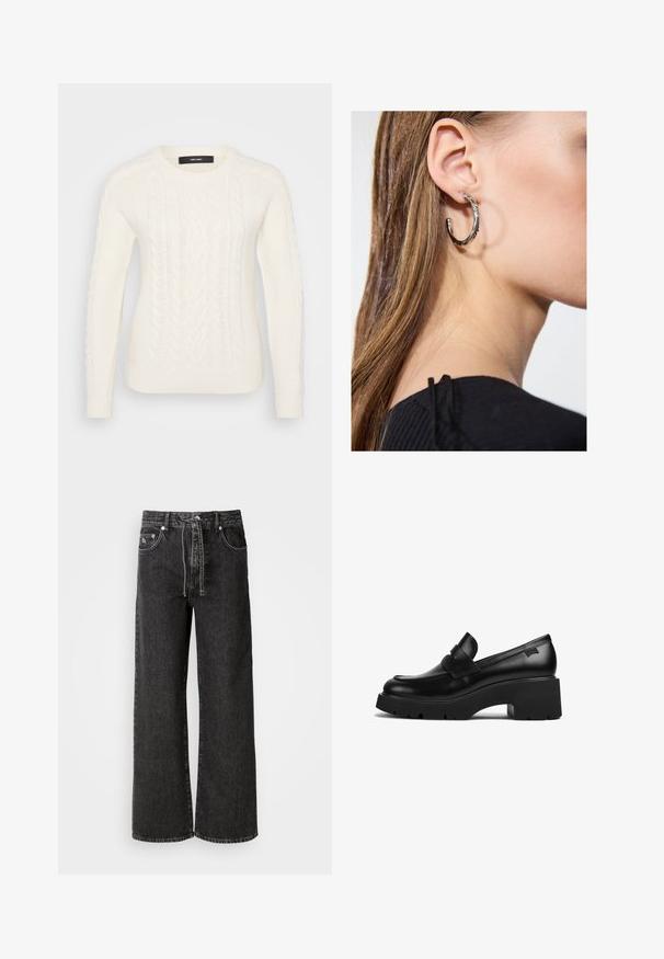 Suéter blanco de punto con un patrón de trenzas texturizadas, cuello redondo y puños y dobladillo acanalados. Hecho de un material suave y cálido.; Jeans anchos de mezclilla en color negro. Presentan una cintura alta, lazos para cinturón, bolsillos delanteros y detalles en metal plateado.; Mocasín de cuero negro con tacón grueso y suela gruesa, con un detalle de correa en la parte superior, mostrado de lado sobre un fondo blanco.; Pendiente de aro de plata con un acabado pulido, que presenta pequeños detalles en dorado y una forma redonda, llevado en el lóbulo.