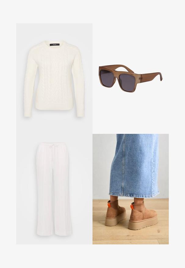 Bijela pletena dukserica s teksturiranim uzorkom pletenice, okruglim izrezom i rebrastim manžetama i donjim rubom. Izrađena od mekog, toplog materijala.; Bijele hlače širokih nogavica od laganog materijala, s elastikom u struku i vezicom, te vertikalnim šavovima za dodatnu teksturu.; Smeđe suede platform čizme s elastičnim bočnim panelima i narančastim vučnim trakama, uparenim s suknjom od svijetlog denima do koljena na drvenom podu.; Smeđe polu-prozirne sunčane naočale sa četvrtastim okvirom i tamnim staklima. Ručke su elegantne i blago zakrivljene za moderni izgled.