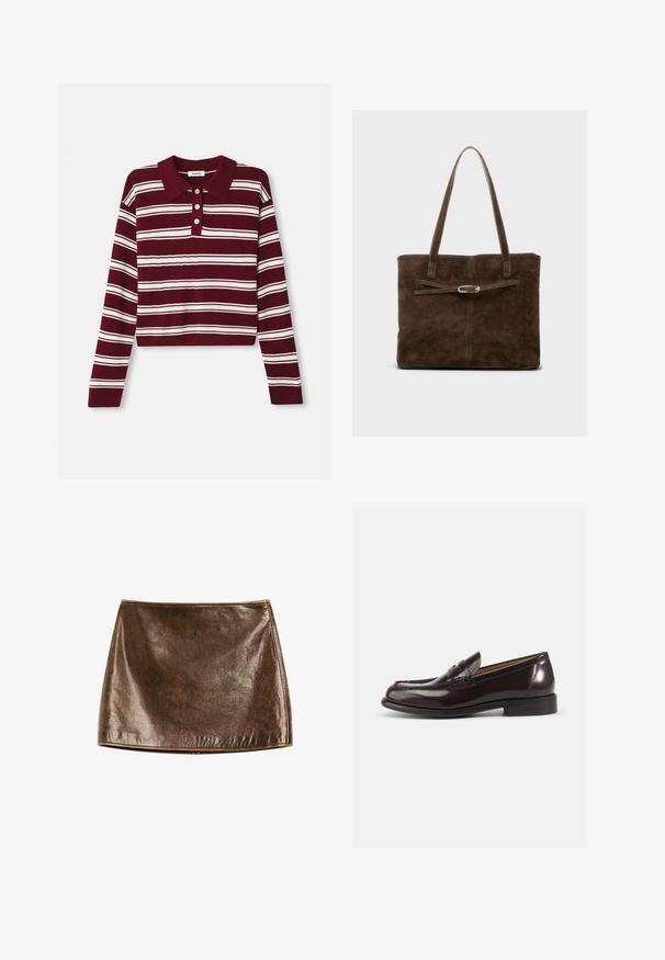 Maglione polo a maniche lunghe bordeaux con strisce orizzontali bianche, dotato di colletto e tre bottoni frontali. Texture morbida.; Mini gonna metallica marrone con una texture liscia e lucida. Caratterizzata da un design semplice e linee pulite, con un orlo dritto in fondo.; Mocassini in pelle color bordeaux con una finitura lucida, caratterizzati da una punta cucita e una piccola fascia decorativa sul davanti. Tacco basso e impilato.; Borsa tote in suede marrone con manici lunghi, caratterizzata da un corpo piatto e una tracolla decorativa con accentuazione in metallo di colore argento.