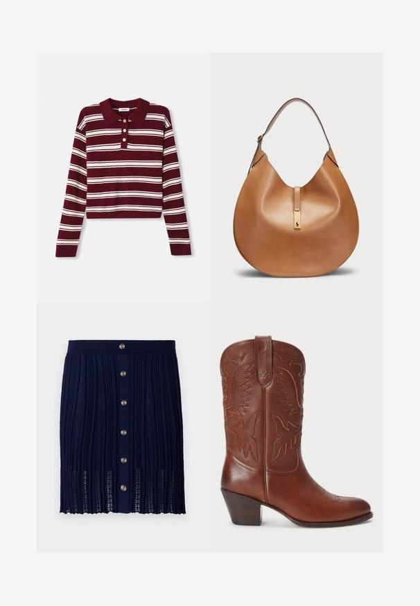 Burgundi hosszú ujjú póló pulóver fehér vízszintes csíkokkal, galléros nyakkal és három gombbal az elején. Puha tapintású.; Maje JITOURA - Miniszoknya - marine; Barna bőr cowboy csizma hegyes orral, dombornyomott nyugati mintával és rétegezett sarokkal. Tartalmaz varrást és sima felületet.; Barna bőr kézitáska íves formával és széles vállpánttal. Középen arany fém díszítéssel és sima felülettel rendelkezik.