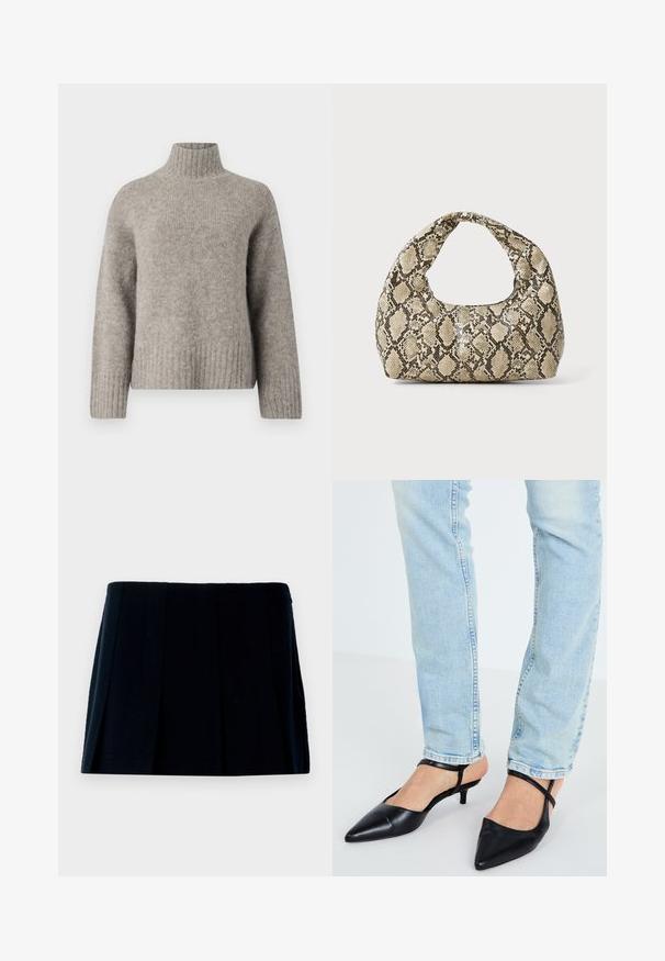Suéter de cuello alto en un gris claro, hecho de una tela suave y texturizada. Presenta puños y dobladillo acanalados, con un ajuste relajado y un diseño minimalista.; Minifalda negra plisada hecha de tela. Presenta una cintura recta y múltiples pliegues verticales para dar forma y textura.; Tacones de slingback de piel negra, con puntera puntiaguda y tacón bajo tipo kitten, acompañados de unos jeans de color azul claro.; Bolso de mano con estampado de serpiente y asa curvada. Hecho de materiales texturizados en tonos beige y marrón, con un patrónen diamante distintivo.
