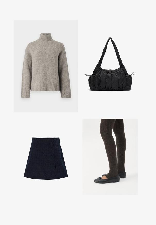 Ljusgrå tubhalsad tröja i mjukt, texturerat tyg. Har ribbade ärmslut och nederkant, med en avslappnad passform och minimalistisk design.; Mörkblå mini kjol i strukturerad tyg med en figursydd midja, framsydda veck och rak silhuett. Inga synliga spännen eller mönster.; Svarta platta skor med en liten rosett vid tån, i kombination med mörkbruna ribbade strumpbyxor. Skorna har en slät yta och låg profil.; Svart tyghandväska med rynkad textur, två axelremmar och dragsko stängning på sidorna. Slätt, lätt material.