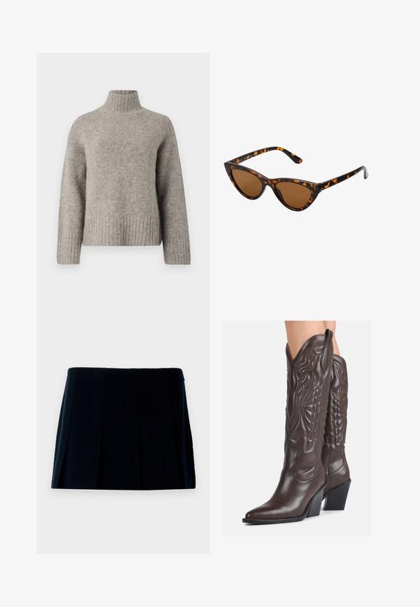 Svetlošedý rolák vyrobený z mäkkej, textúrovanej látky. Má rebrované manžety a lem, s voľným strihom a minimalistickým dizajnom.; Čierna plisovaná mini sukňa vyrobená z textílie. Má priamy pás a množstvo vertikálnych skladov pre tvar a štruktúru.; Hnedé kožené kovbojské topánky s špicatou špičkou a blokovým podrážkou, so zložitým prešívaním a vyvýšenými akcentmi na puzdre.; Mačacie slnečné okuliare s čiernym a oranžovým želvovinovým rámom, hnedými sklami a elegantnými, špicatými koncami. Obsahujú minimalistické logo na spánku.
