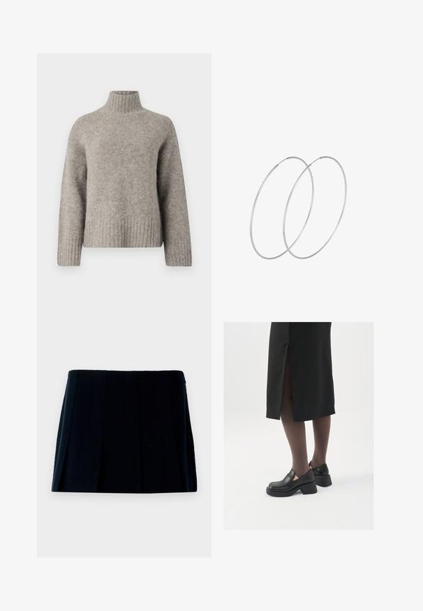 Svetri v svetlo sivi barvi s polno ovratnikom, izdelan iz mehkega, teksturiranega materiala. Ima rebraste manšete in spodnji rob, sproščen kroj ter minimalističen dizajn.; Črna plisirana mini krila iz blaga. Ima ravno pasnico in več navpičnih gub, ki dodajajo obliko in teksturo.; Črne usnjene čevlje s zaobljenim prstom, debelim blokastim petama in elastičnimi stranskimi detajli, v kombinaciji s temno nogavicami in črno krilo z razporkom.; Srebrne uhane v obliki obroča z minimalističnim dizajnom. Krožna oblika, gladka tekstura in tanek profil. Lahki s poliranim zaključkom.