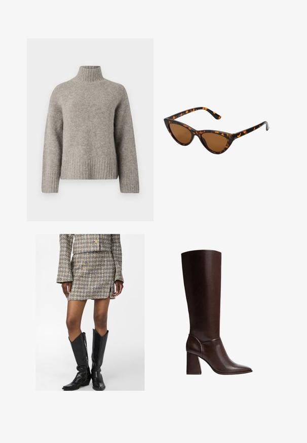 Svetlošedý rolák vyrobený z mäkkej, textúrovanej látky. Má rebrované manžety a lem, s voľným strihom a minimalistickým dizajnom.; Tweed mini sukňa s viacfarebným vzorom, bočným rozparkom a zodpovedajúcou skrátenou bundou. Skombinované s čiernymi koženými čižmami po kolená.; Hnedé kožené vysoké čižmy s ostrou špicou a blokovým podpätkom, s hladkou textúrou a elegantným dizajnom. Ozdobené šitím pri členku.; Mačacie slnečné okuliare s čiernym a oranžovým želvovinovým rámom, hnedými sklami a elegantnými, špicatými koncami. Obsahujú minimalistické logo na spánku.