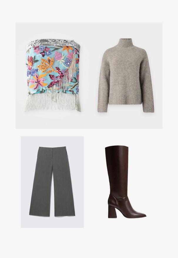 Světle šedý rolák vyrobený z měkké, strukturované tkaniny. Má žebrované manžety a lem, uvolněný střih a minimalistický design.; Vyšívaný květinový šál s mnohobarevnými flitry na světle modrém pozadí; obsahuje stříbrné třásně podél spodního okraje.; Šedé kalhoty s širokými nohavicemi a jemným proužkovým vzorem, obsahující dvě boční kapsy a hladký pas.; Hnědé kožené vysoké boty po kolena s špičatou špičkou a blokovým podpatkem, s hladkou texturou a elegantním designem. Ozdobené šitím v oblasti kotníku.