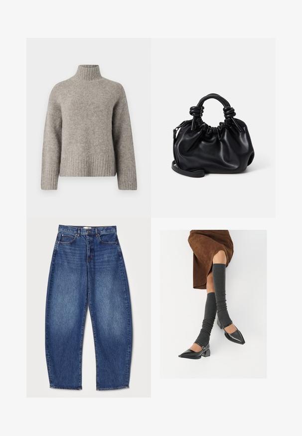 Világosszürke garbó pulóver, puha, textúrált anyagból készült. Bordás mandzsettákkal és aljjal rendelkezik, laza szabású és minimális dizájnú.; Laza szabású farmernadrág, közepes derék, mély kék szín, kopott textúra, öt zsebes kialakítás és egyenes lábnyílás.; Fekete lakk bőrből készült, hegyes orrú cipők, tömbsarkúakkal és bokapánttal, szürke bordás lábszármelegítőkkel és barna velúr szoknyával párosítva.; Fekete bőr kézitáska ráncolt dizájnnal, rövid, lekerekített fogantyúkkal és levehető vállpánttal. Sima textúra, puha sziluettel.