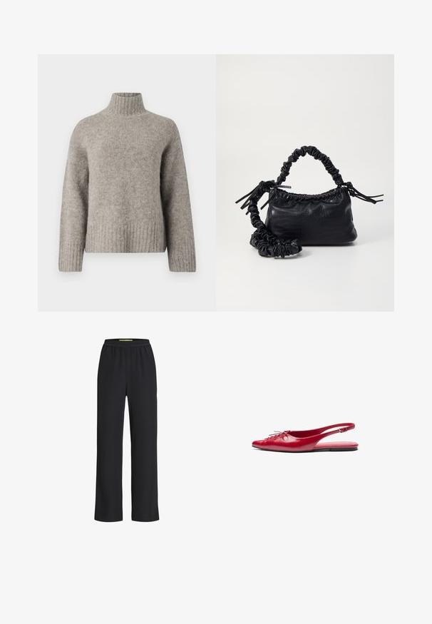 Lys grå turtleneck sweater lavet af blødt, struktureret stof. Har ribbede manchetter og kant, med en afslappet pasform og minimalistisk design.; Sorte bredde-ben bukser med elastisk talje, lavet af et blødt stof, der har en glat overflade og en løs pasform hele vejen ned ad benene.; Rød læderslipper med åben hæl og spidse tæer samt en dekorativ snøredetalje foran, der har en slank ankelrem og flad sål.; Sort kunstlæder håndtaske med krokodilteksur, indsnøret top og en sammenkrøben rem. Ser blød og kompakt ud i designet.