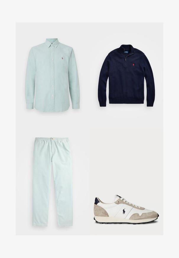 Tamsiai mėlynas megztas puloveris su aukštu apykakle, pusiau užtraukiamu užsegimu, raukšlėtais rankogaliais ir apačia bei maža raudona logotipu ant krūtinės.; Šviesiai mėlyna marškinėlių mygtukų su apykakle, ilgomis rankovėmis ir maža siuvinėta logotipu ant krūtinės. Pagaminta iš minkštos, tekstūruotos medžiagos.; Šviesiai mėlynos, laisvo kirpimo kelnės su elastinga juosta, šoninėmis kišenėmis ir vienu mygtuku priekyje.; Baltos ir smėlio spalvos zomšiniai sportiniai batai su juodu guminiais padu ir Polo logotipu šone, matomi iš išorės prieš baltą foną.